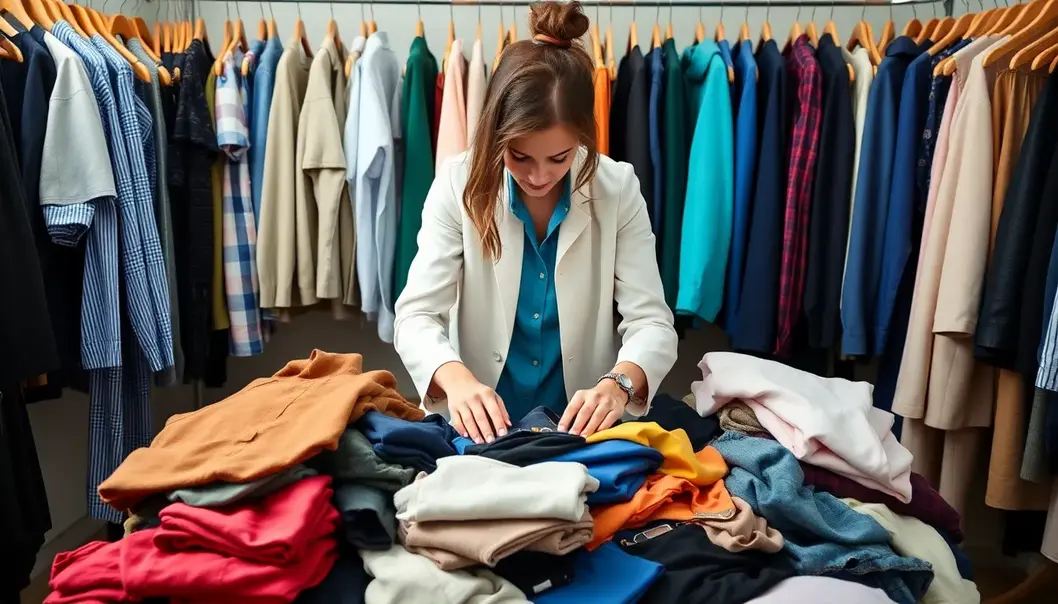 An organized capsule wardrobe featuring a minimalistic collection of versatile clothing.