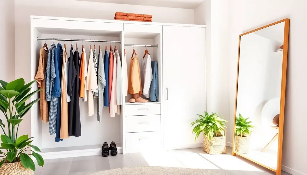 An open wardrobe with a minimalistic and versatile clothing collection, surrounded by plants and a large mirror.