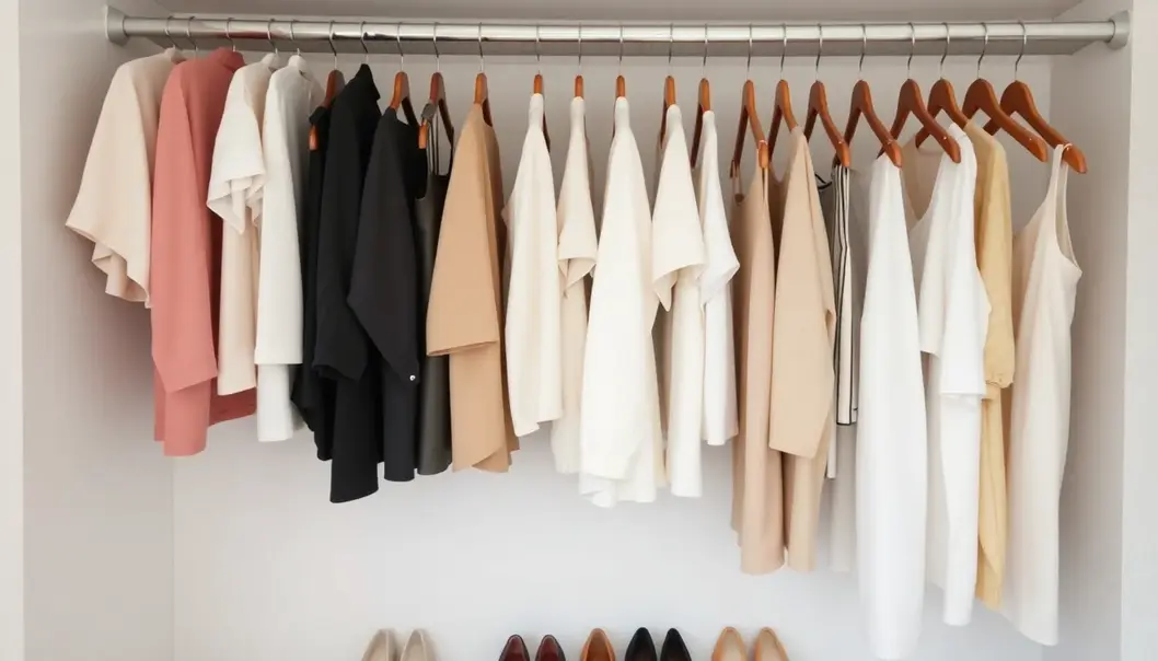 An organized capsule wardrobe featuring a minimalistic collection of versatile clothing.