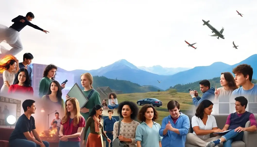 A mix of TV scenes featuring fantasy landscapes, action-packed moments, and relatable life scenarios.
