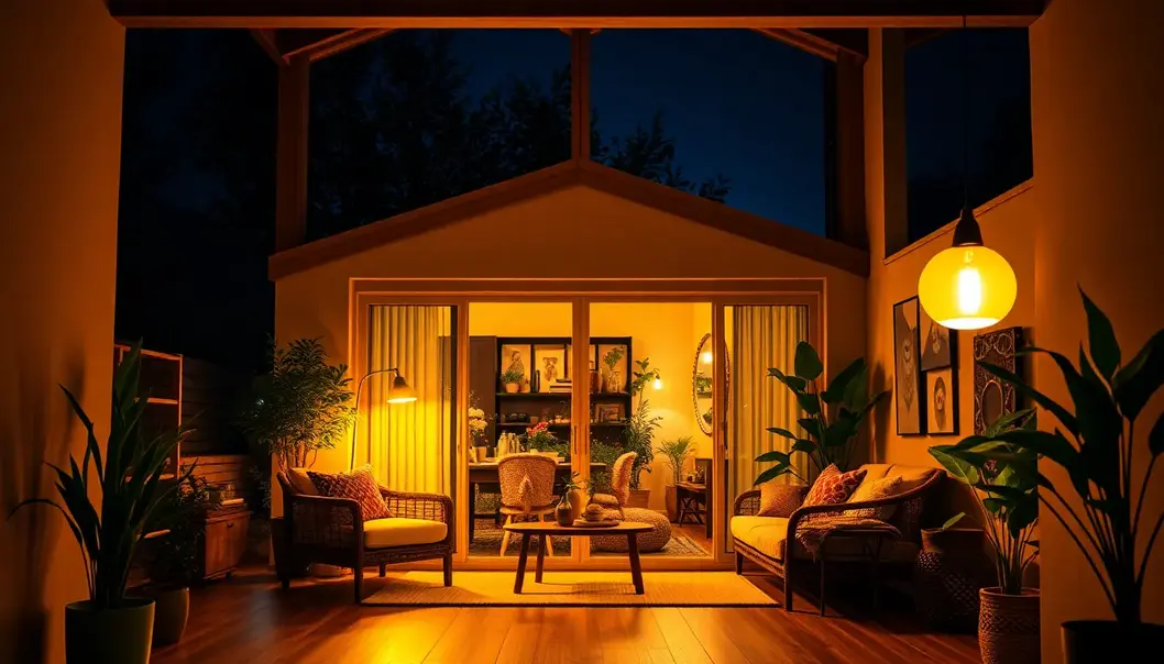 A cozy, sustainably decorated living room with LED lighting and smart home controls.