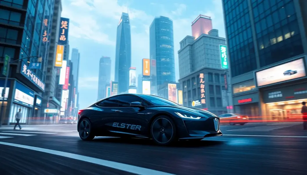 A silent electric vehicle glides through the neon-lit streets of Neo Tokyo, embodying the future.