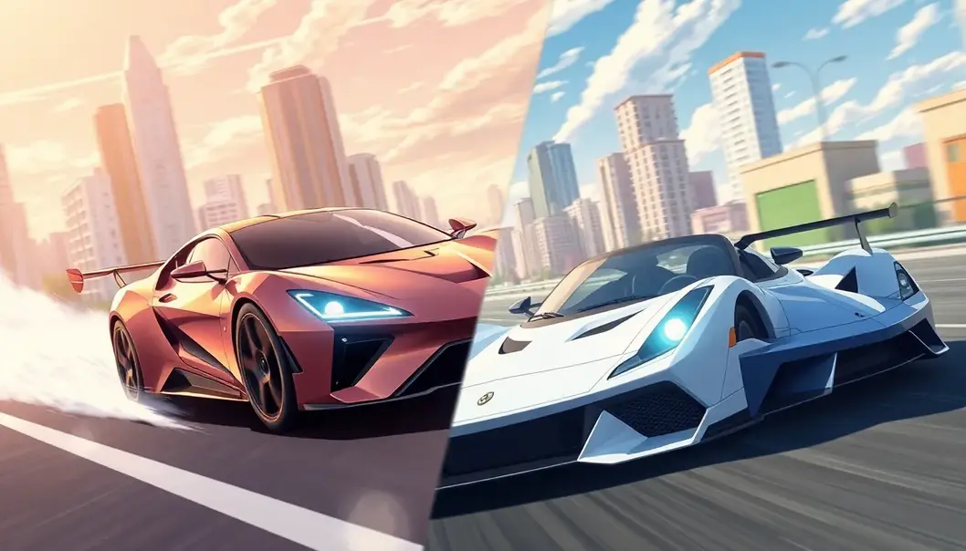 Electric and gasoline vehicles racing in an anime cityscape, highlighting their unique attributes.