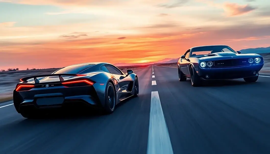 An electric sports car and a gas muscle car racing side by side.