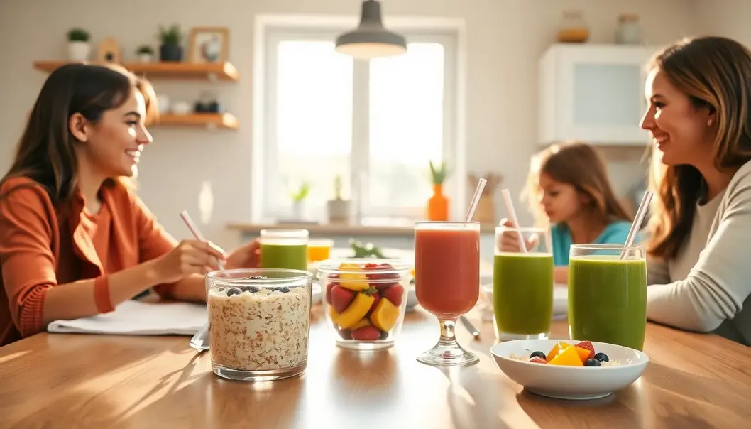 Family at kitchen table eating breakfast with smoothies and oats.