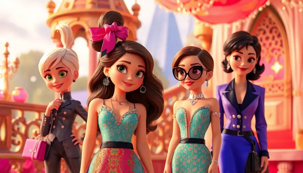A colorful scene of animated characters in stylish, high-fashion attire in a fantasy environment.