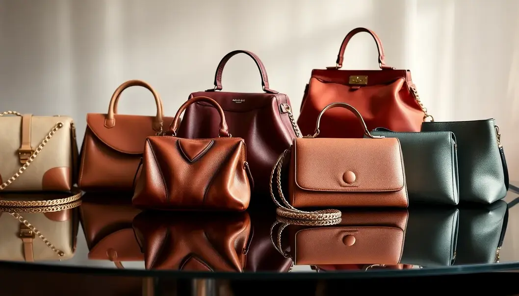 A display of both vintage and modern handbags on a mirrored surface.