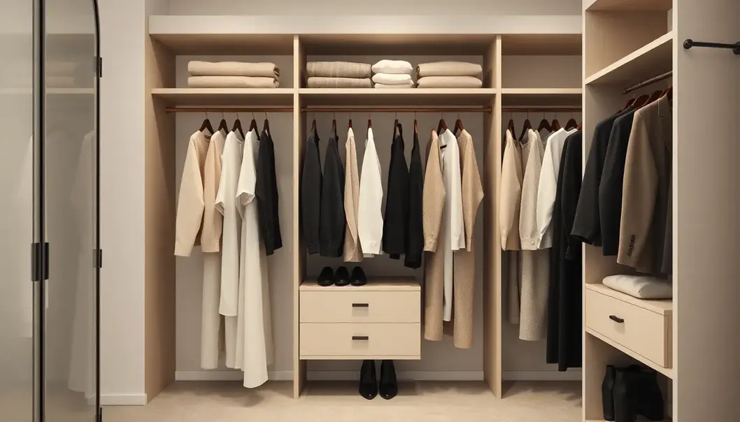 A minimalist closet with monochrome and earth-toned garments organized elegantly.