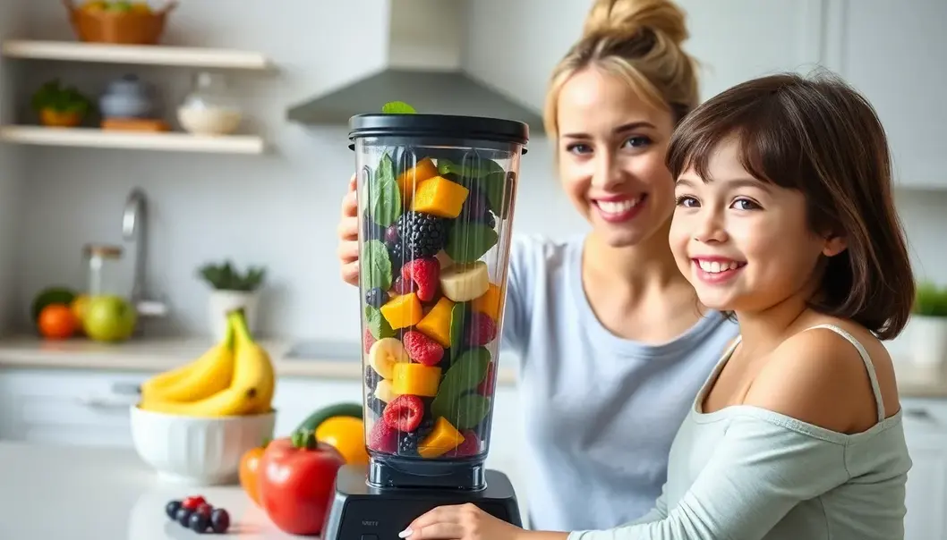 Family preparing nutritious power smoothies together.