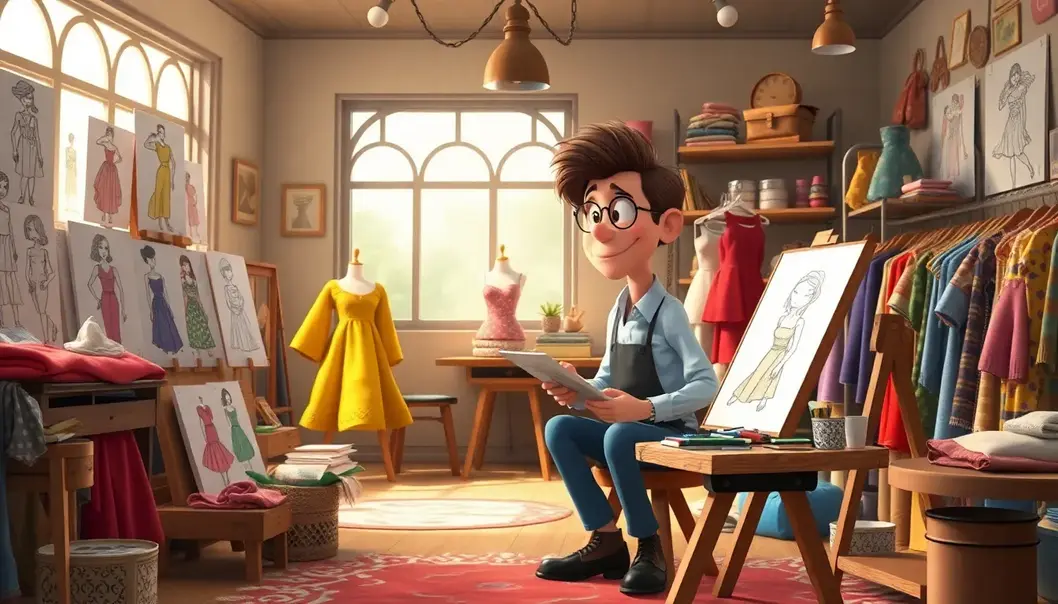 Animated characters showcasing vibrant, fashion-forward designs in a colorful city.