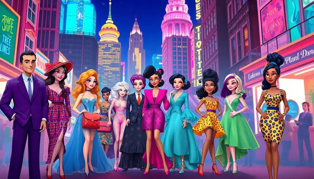 Animated characters showcasing vibrant, fashion-forward designs in a colorful city.
