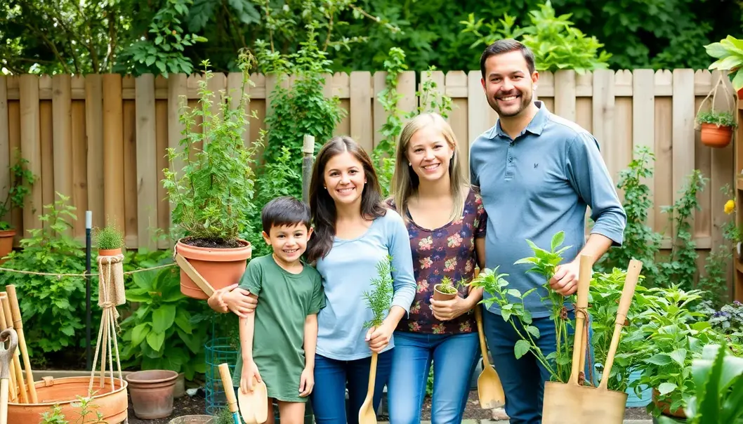 A family using reusable gardening tools in their backyard, reflecting zero-waste lifestyle.